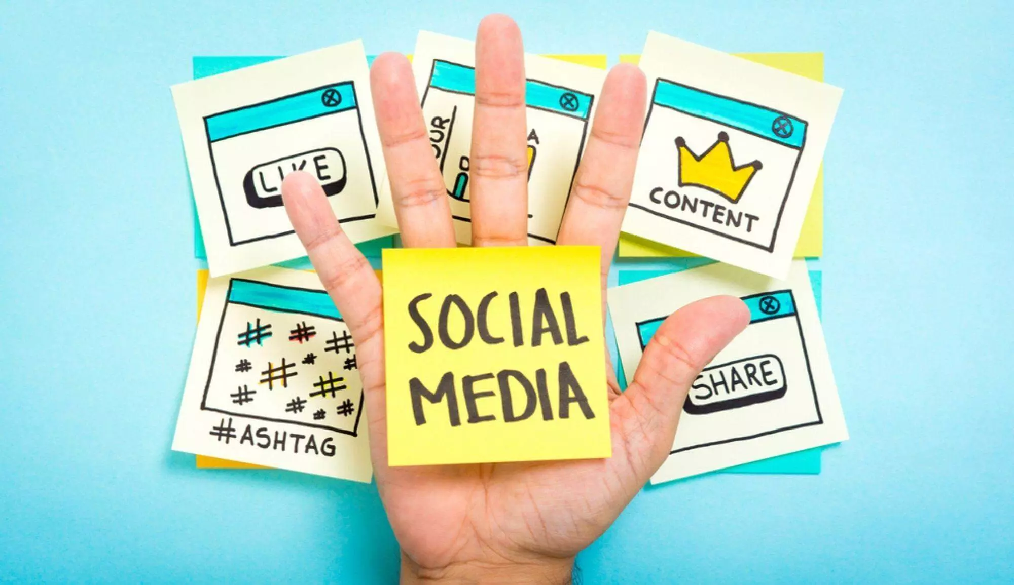 Social media, share, Content, like, hashtag written in yellow and white color sticky notes